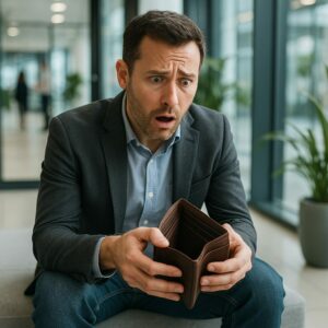 Hombre sorprendido mirando una billetera vacía