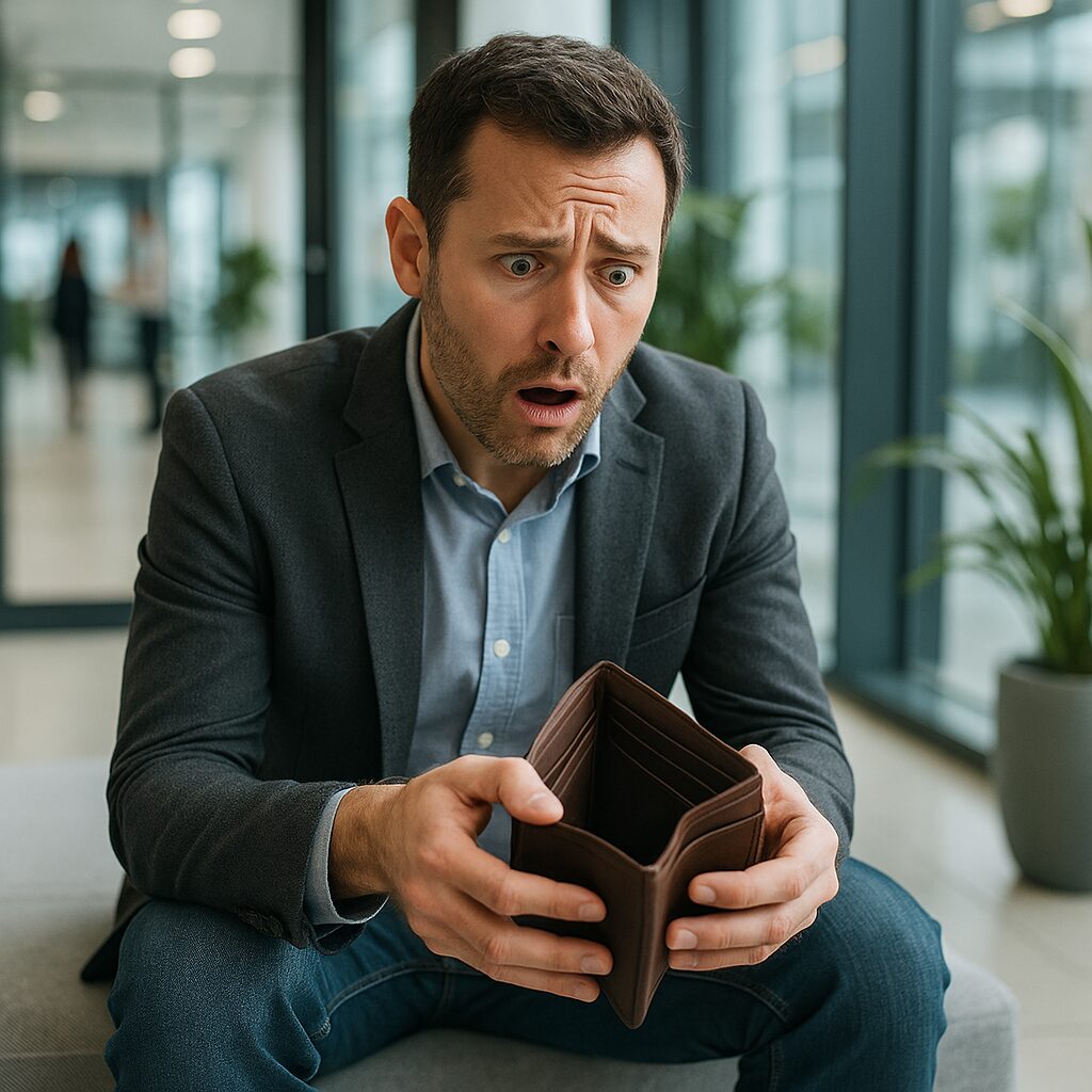 Hombre sorprendido mirando una billetera vacía