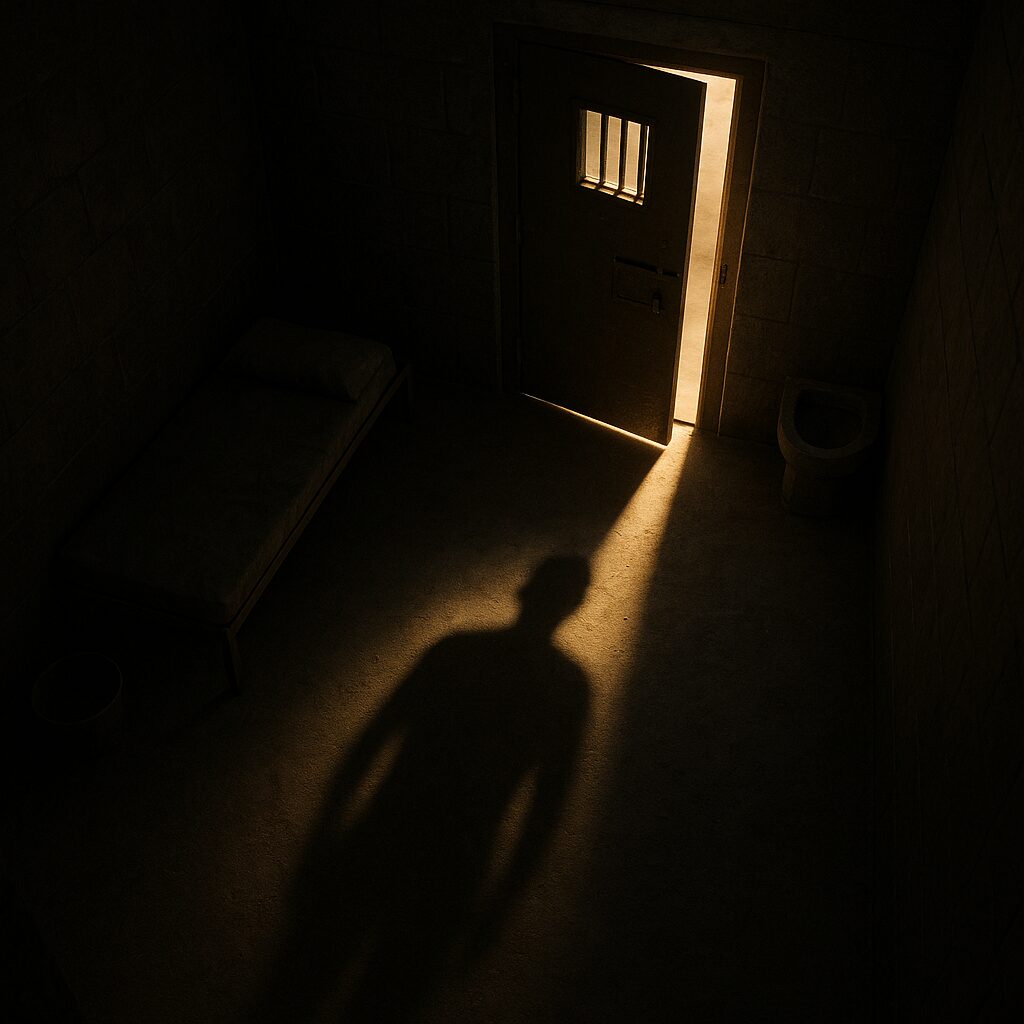 Una persona saliendo de una celda que tiene la puerta abierta