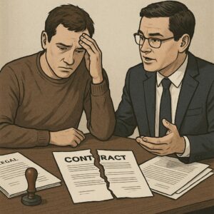 Un abogado hablando con un cliente sobre un incumplimiento de contrato.