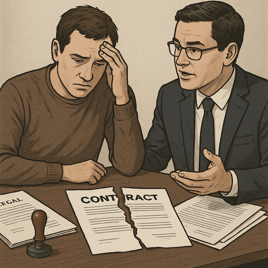 Un abogado hablando con un cliente sobre un incumplimiento de contrato.